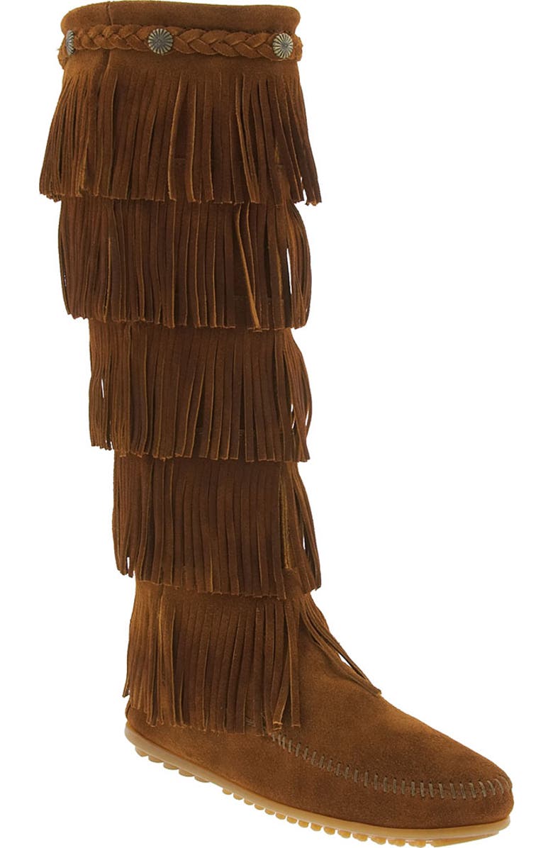Minnetonka Five Layer Fringe Boot, Main, color, Brown