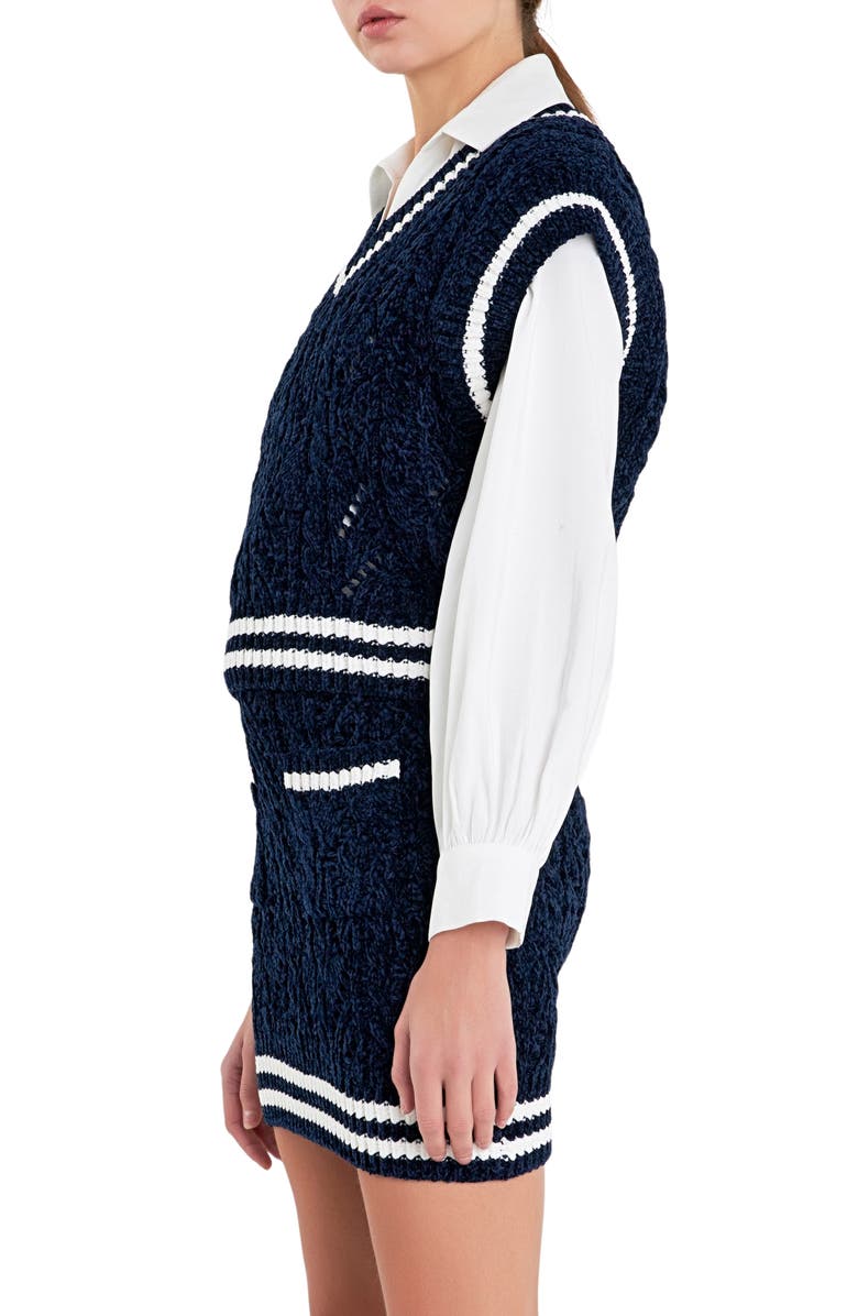 English Factory Stripe Trim Chenille Sweater Vest, Alternate, color, Navy/ White