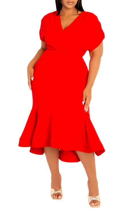 Wrap Front Flounce Hem High-Low Mermaid Midi Dress (Plus)