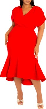 BUXOM COUTURE Wrap Front Flounce Hem High-Low Mermaid Midi Dress