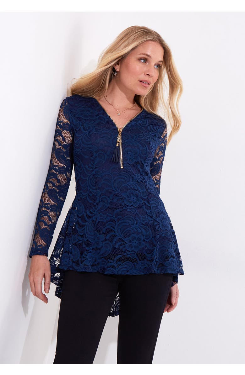 Joe Browns V-Neck Zip Lace Tunic, Main, color, Evening Blue