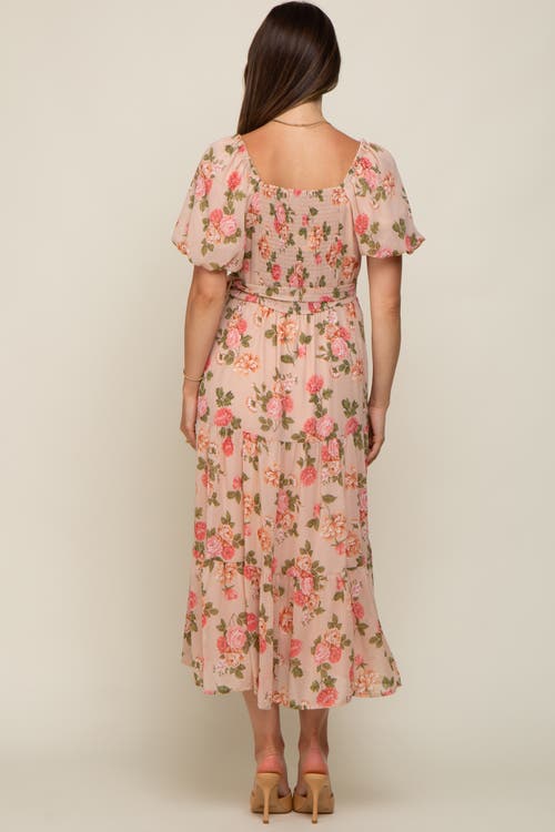 Pinkblush Floral Button Puff Sleeve Midi Dress In Orange