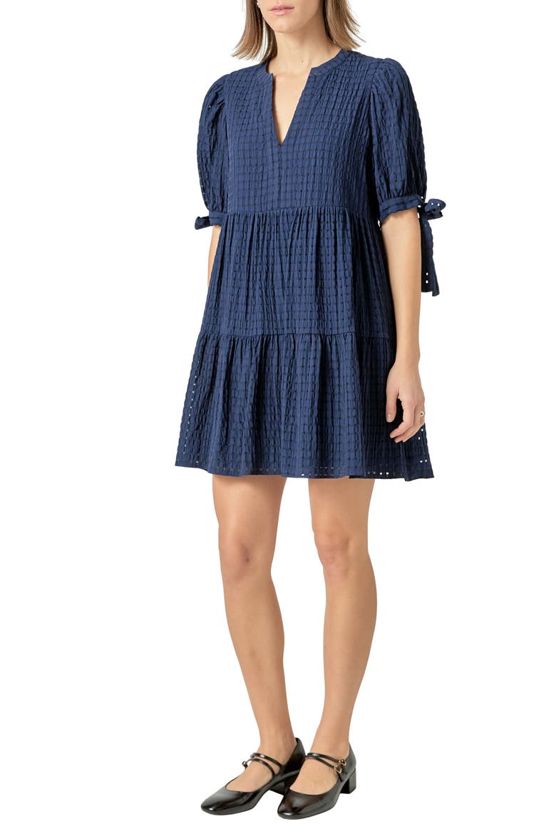 Texture Puff Sleeve Dress, Alternate, color, NAVY