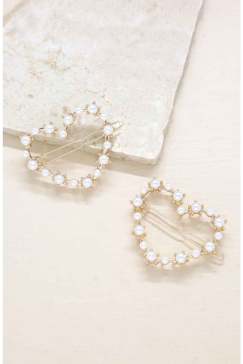 Set of 2 Imitation Pearl Heart Barrettes, Alternate, color, GOLD