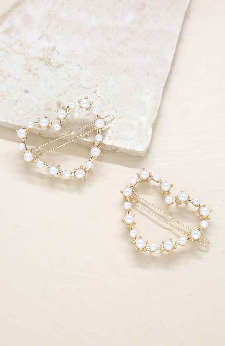Ettika Set of 2 Imitation Pearl Heart Barrettes, Alternate, color,