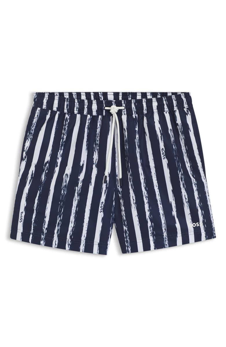BOSS Stripe Swim Trunks, Alternate, color, Navy