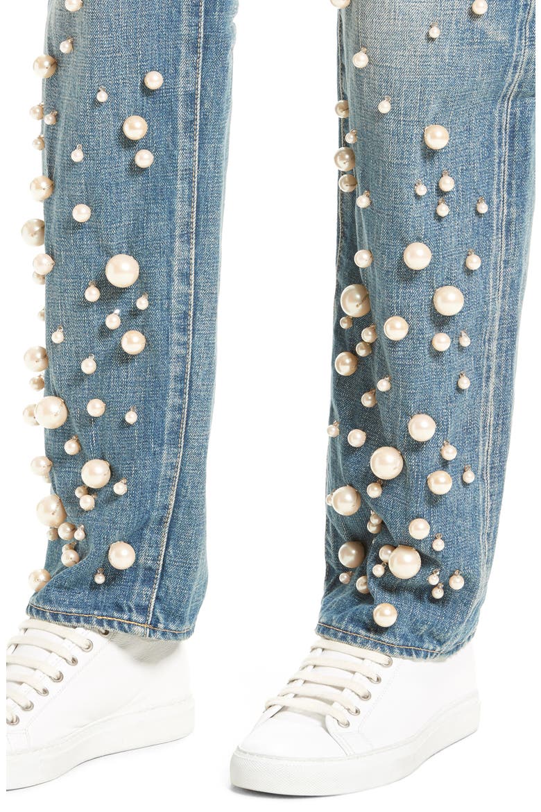 Snow Imitation Pearl Embellished Jeans, Alternate, color, PEARL