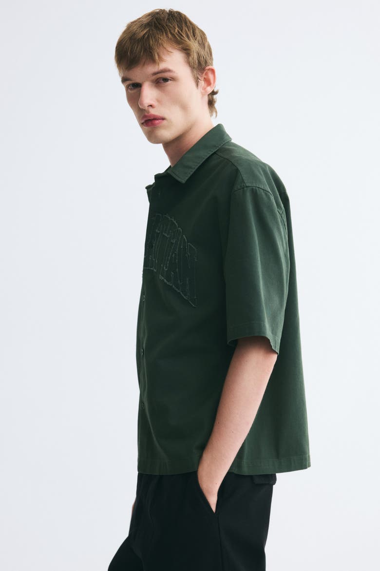 Relaxed-Fit Short-Sleeved Appliquéd Shirt, Alternate, color, Dark green/Manhattan