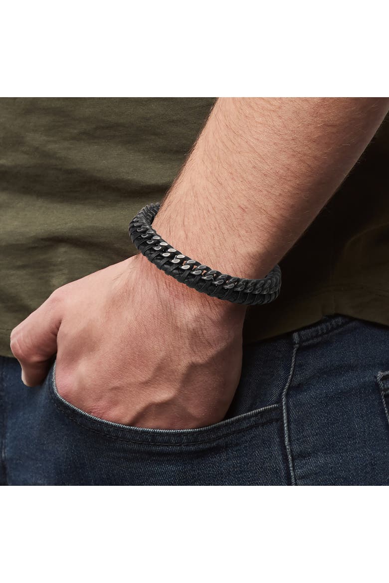 Mens Bracelet Braided Black Leather and Stainless Steel, 8.25", Alternate, color, Brown