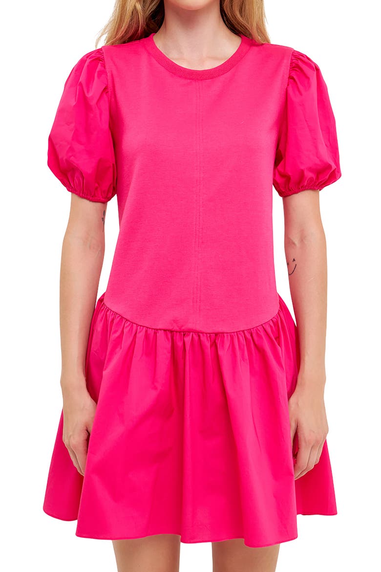 Mixed Media Puff Sleeve Minidress, Alternate, color, FUCHSIA