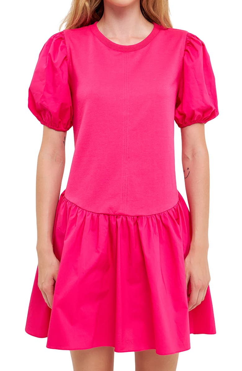 English Factory Mixed Media Puff Sleeve Minidress, Alternate, color, Fuchsia