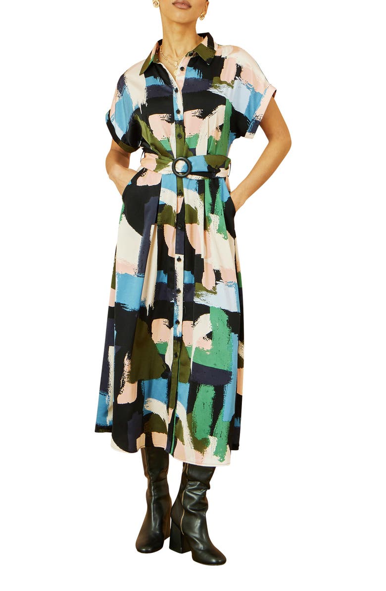 Yumi Brushstroke Print Relaxed Shirt Dress, Alternate, color, Multi