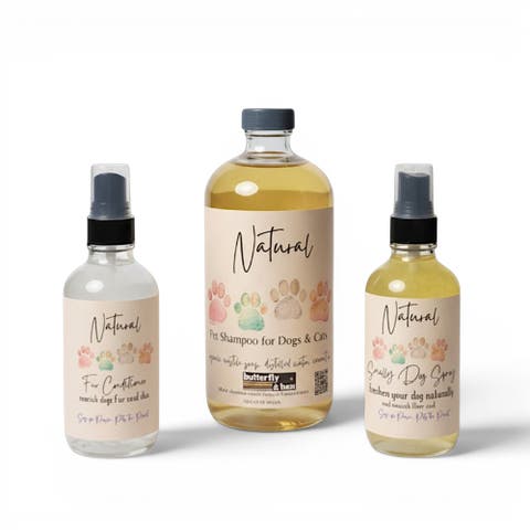 Natural Pet Care Kit Organic Dog Shampoo, Paw Balm & Fur Conditioning Spray