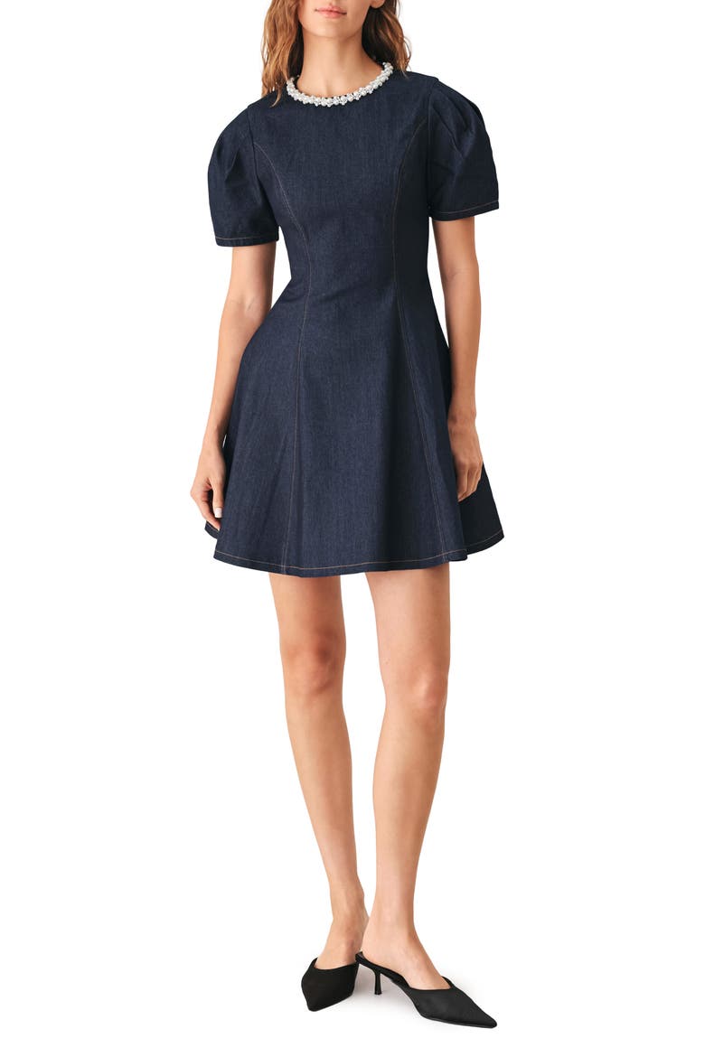 Embellished Short Sleeve Denim Minidress, Main, color, DARK DENIM