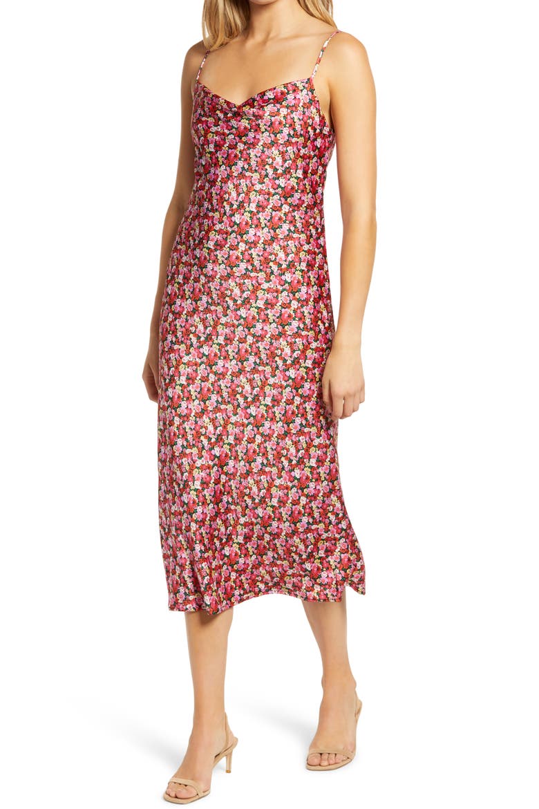 Cowl Neck Satin Midi Dress, Main, color, PINK BLOOMING FLORAL
