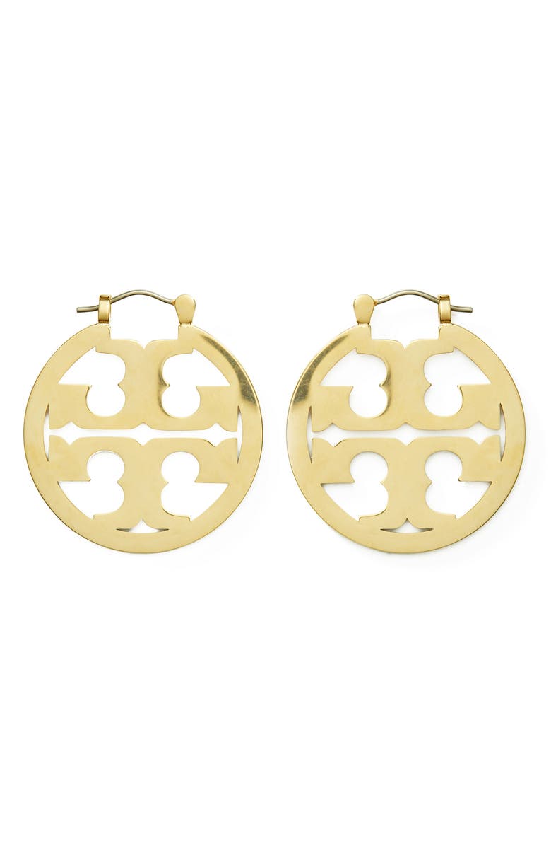 Tory Burch Small Icon Hoop Earrings, Main, color, Tory Gold