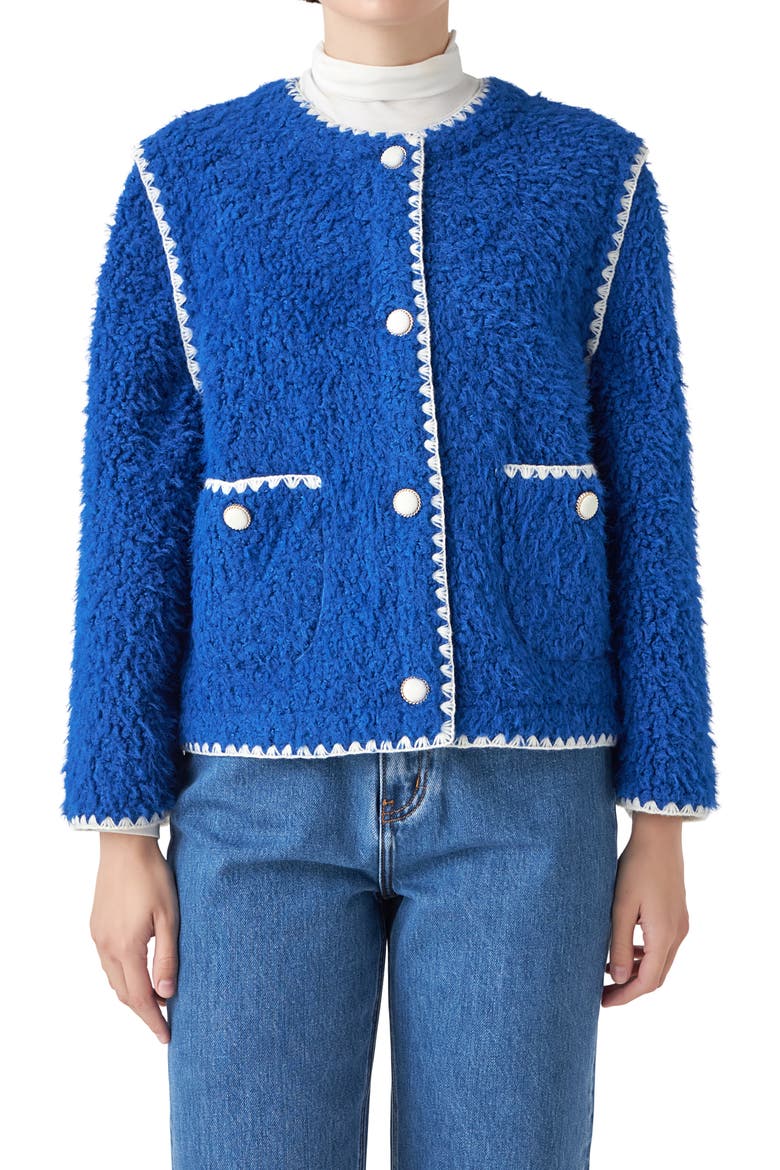 Premium Contrast Trim Faux Shearling Jacket, Alternate, color, BLUE/ WHITE