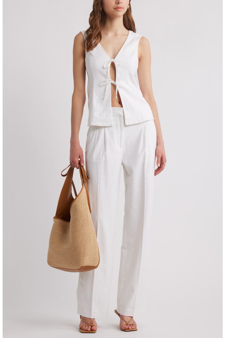 Tie Front Linen Blend Top, Alternate, color, WHITE