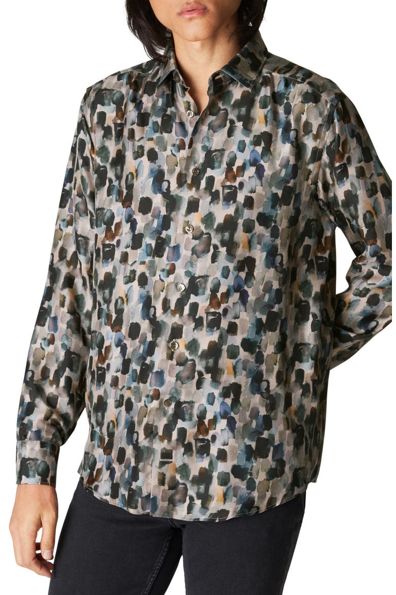 Slim Fit Geometric Print Silk Dress Shirt, Main, color, LIGHT BEIGE