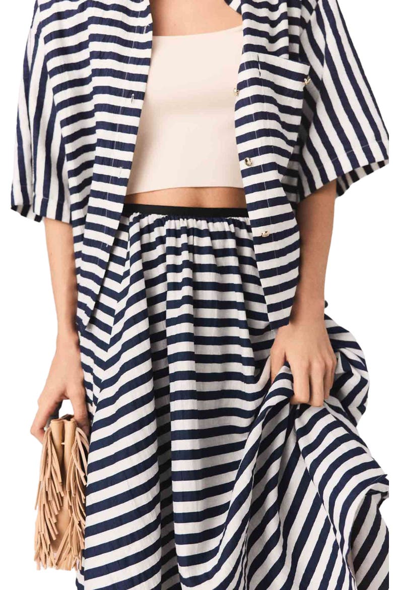 Linen-blend midi skirt, Alternate, color, White/blue