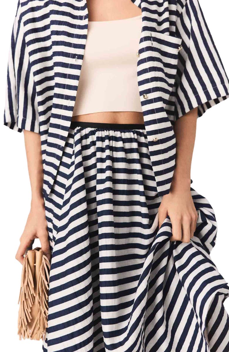 maje Linen-blend midi skirt, Alternate, color, White/Blue