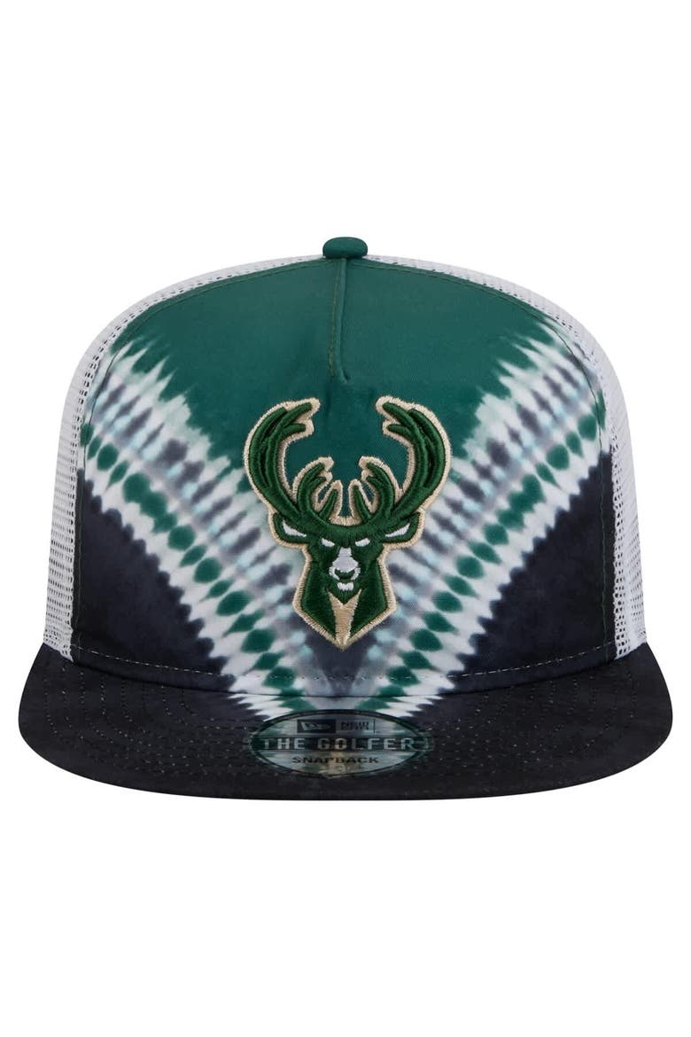 Men's New Era Black/Hunter Green Milwaukee Bucks Throwback Dye Golfer Snapback Hat, Alternate, color, Black