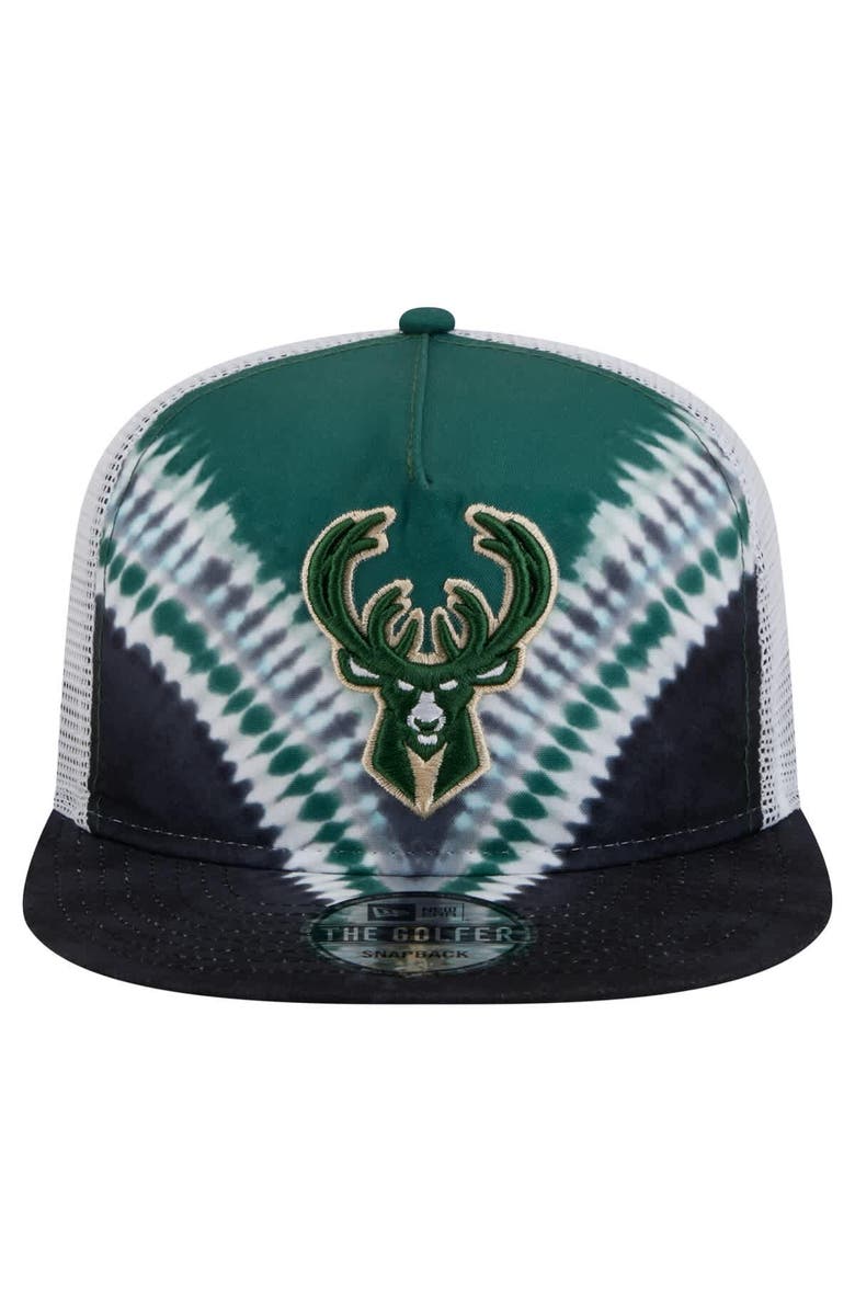 New Era Men's New Era Black/Hunter Green Milwaukee Bucks Throwback Dye Golfer Snapback Hat, Alternate, color, Black