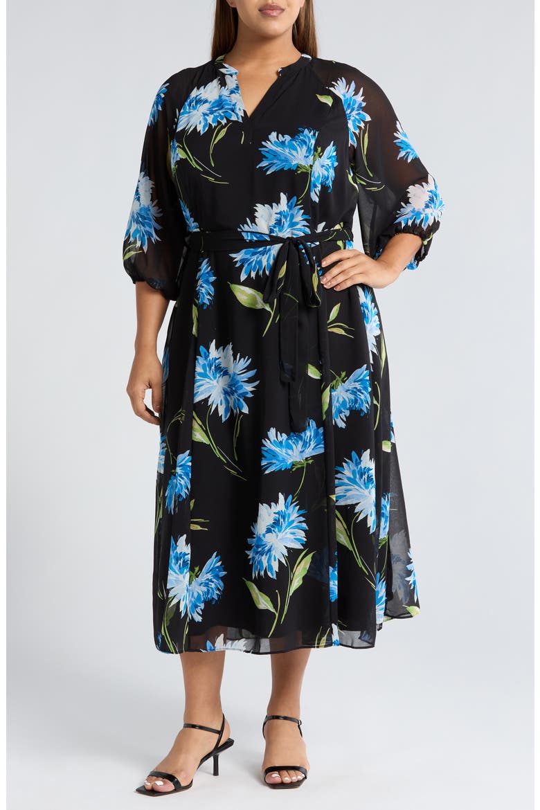 Floral Puff Sleeve Maxi Dress, Main, color, RICH BLACK