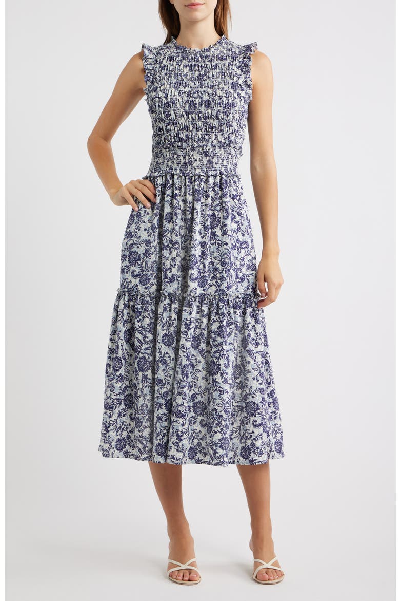 Vivier Smocked Midi Dress, Main, color, INDIGO MARIGOLD