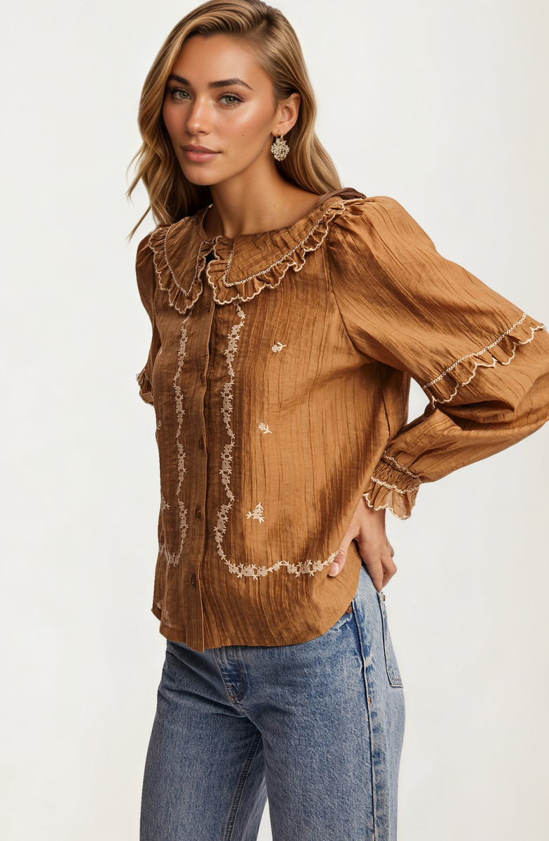 Knit and Lounge Ruffled Collar Embroidered Long Sleeve Blouse, Alternate, color, 