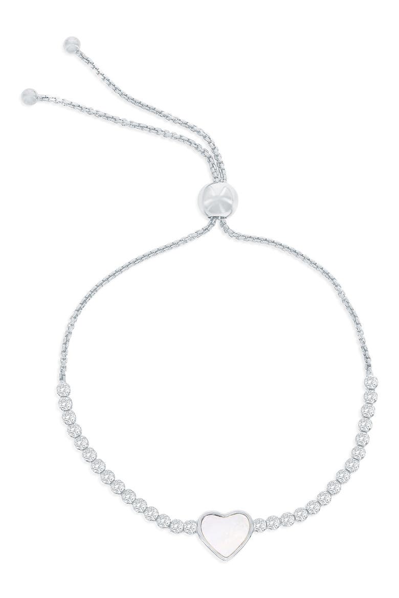 Mother-of-Pearl Heart Cubic Zirconia Slider Bracelet, Main, color, SILVER