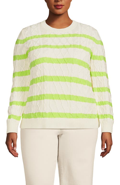 Lands' End Plus Size Aran Cable Crew Neck Sweater In Ivory/limoncello Gulf Stripe