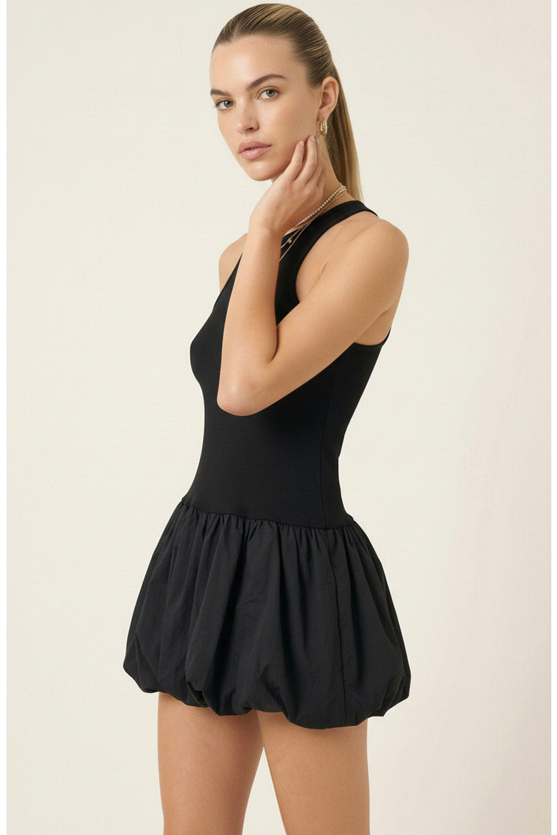 Mixed Media Racerback Mini Dress with Bubble Hem Skirt, Alternate, color, Black