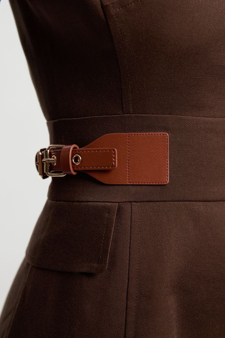 Fitted Belt Crew Neck Midi Dress, Alternate, color, Chocolate