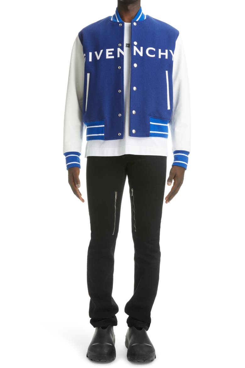 Mixed Media Logo Wool Blend Varsity Jacket, Main, color, WHITE/ BLUE