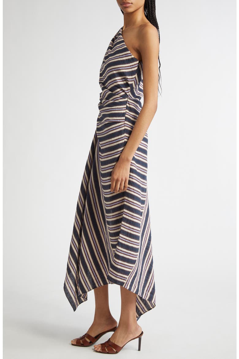 Lyn Stripe One-Shoulder Linen Blend Sundress, Alternate, color, NAVY STRIPE