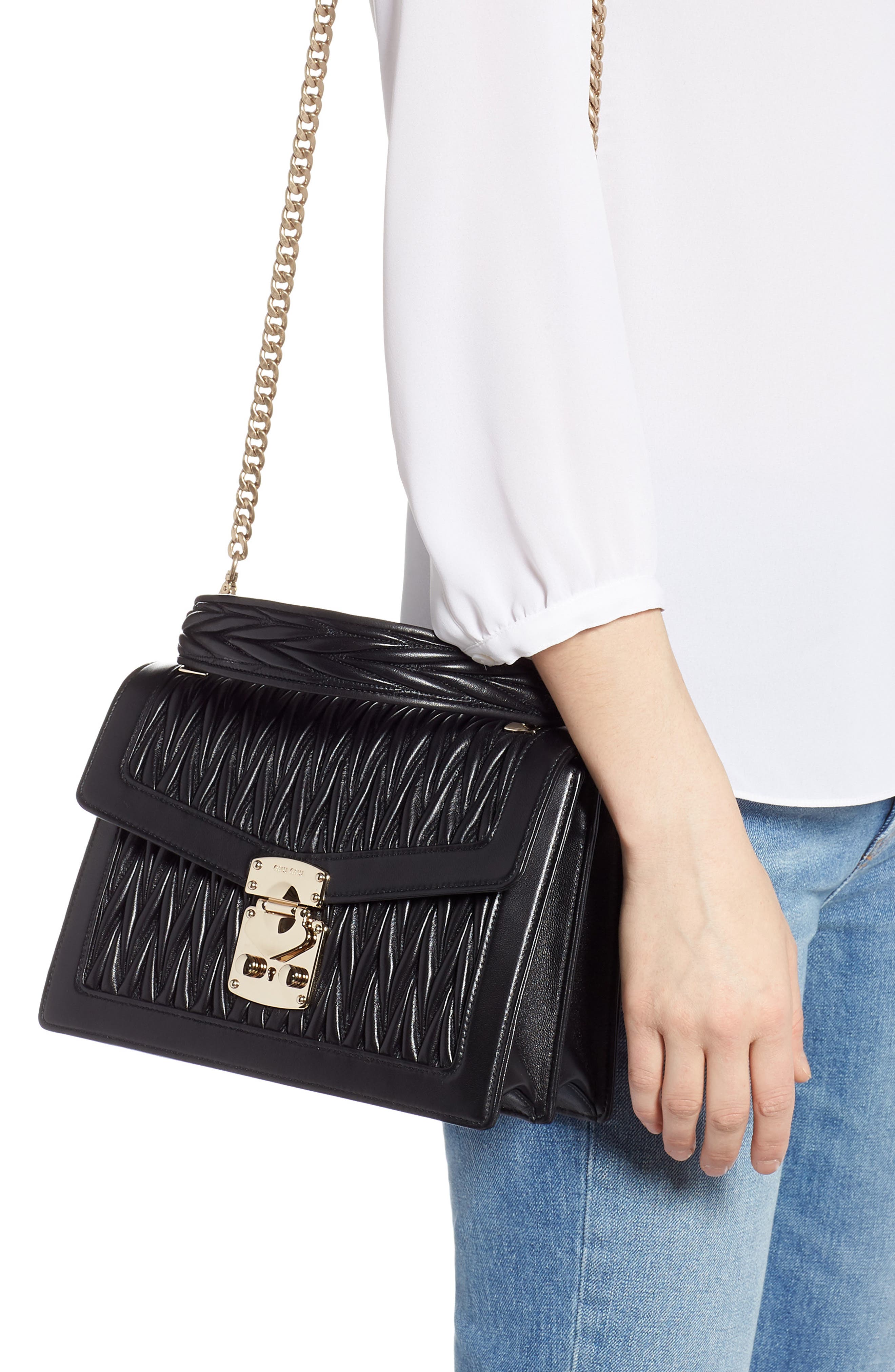 Miu Miu Confidential Matelassé Quilted Lambskin Leather Top Handle Bag, Alternate, color, 