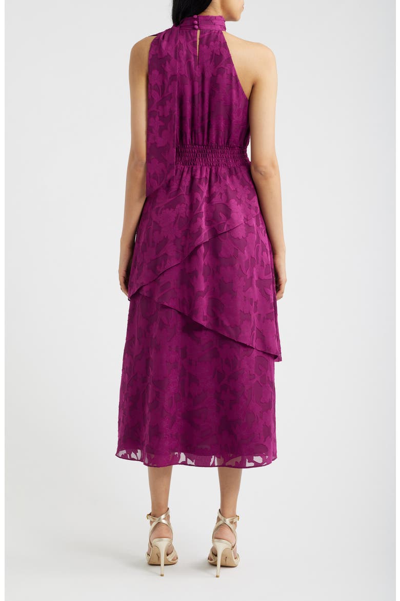 Floral Jacquard Asymmetric Tiered Midi Dress, Alternate, color, BEET
