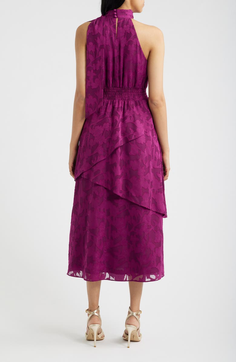 Anne Klein Floral Jacquard Asymmetric Tiered Midi Dress, Alternate, color, Beet