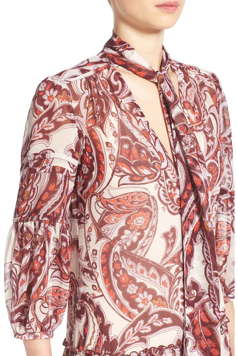 Tie Neck Peasant Midi Dress, Alternate, color, IVORY EGGNOG PAISLEY
