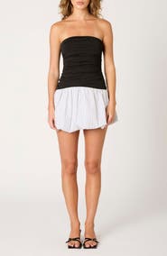 Nia Janay Mixed Media Strapless Bubble Hem Cotton Minidress
