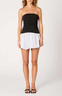 Nia Janay Mixed Media Strapless Bubble Hem Cotton Minidress