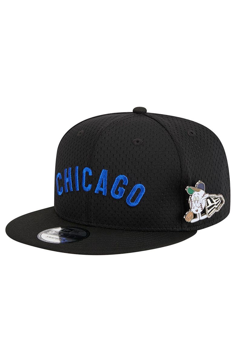 New Era Men's New Era Black Chicago Cubs Post Up Pin 9FIFTY Snapback Hat, Main, color,