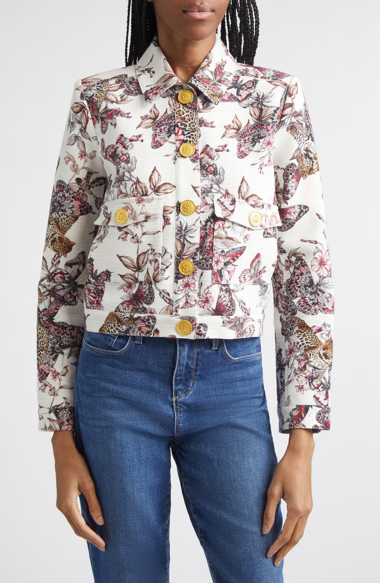 L'AGENCE Nyx Print Crop Jacket, Main, color, White Multi Large Butterfly