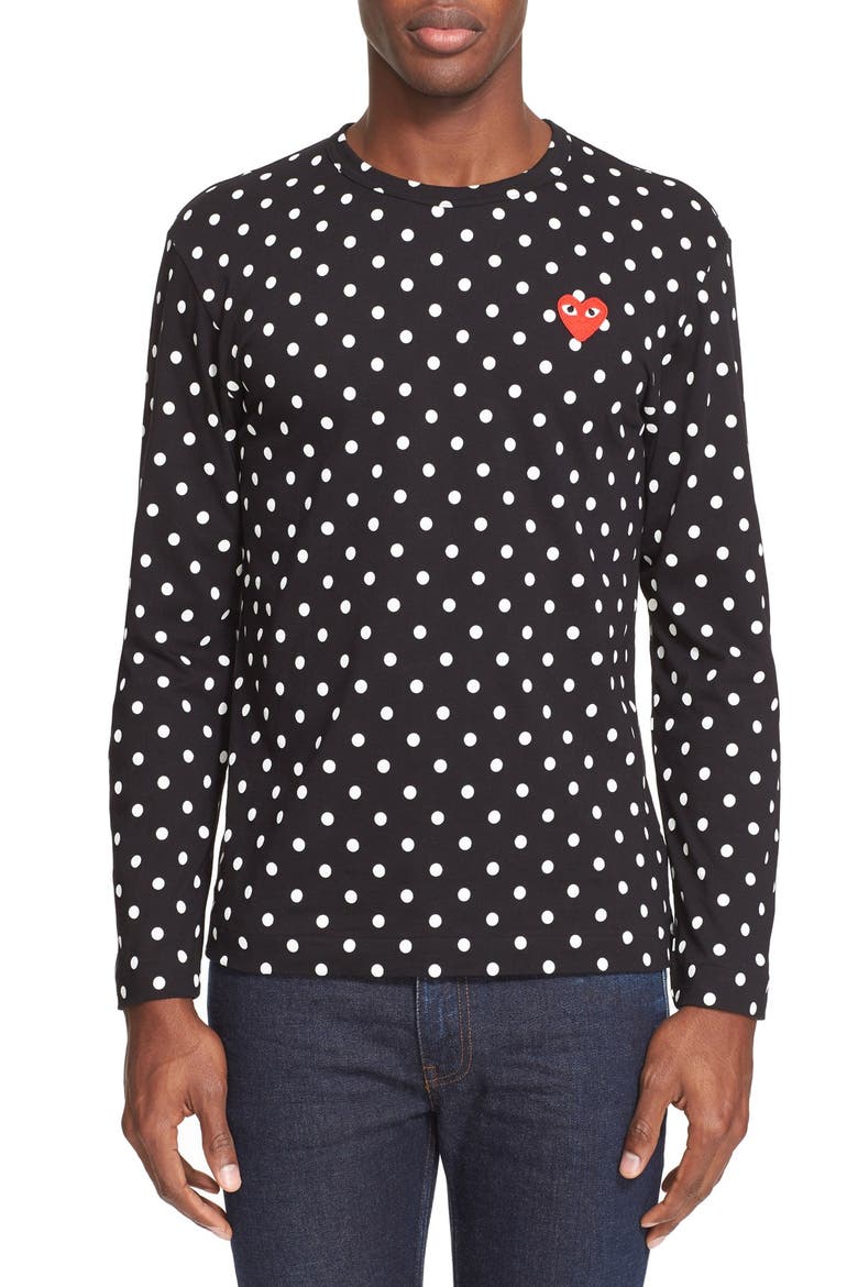 Dot Print Long Sleeve Crewneck T-Shirt, Main, color, BLACK