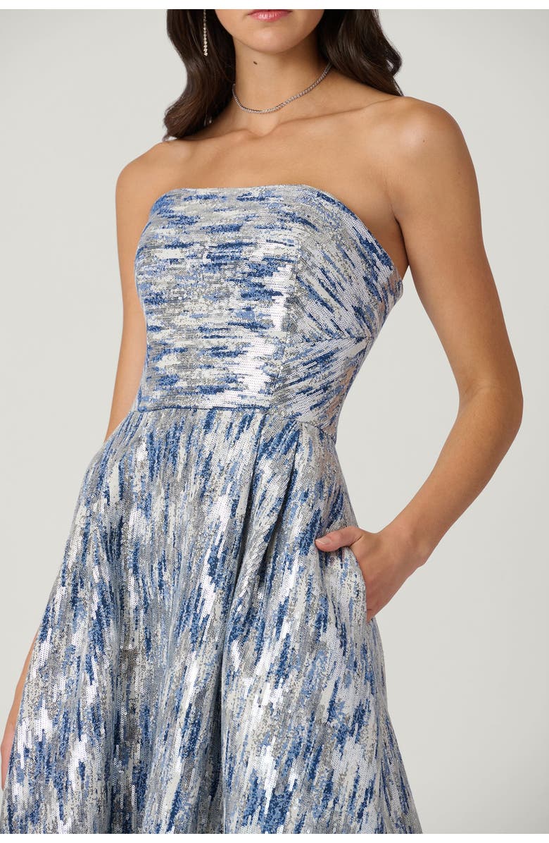 Shoshanna Midnight Midnight Dia Ithaca Jacquard Dress, Alternate, color, Light Blue/Beige/Silver