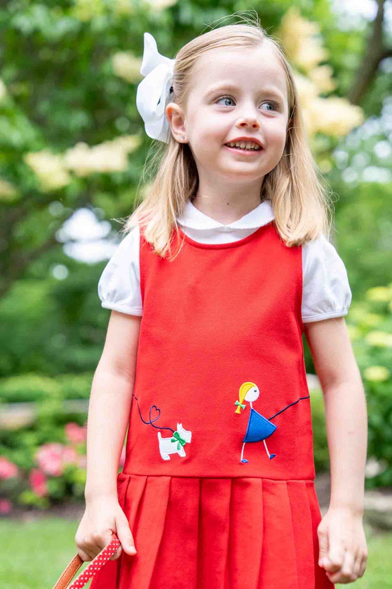 Pique Knit Jumper With Girl Walking Dog, Alternate, color, Red