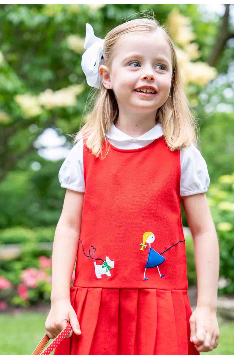 Florence Eiseman Pique Knit Jumper With Girl Walking Dog, Alternate, color, Red