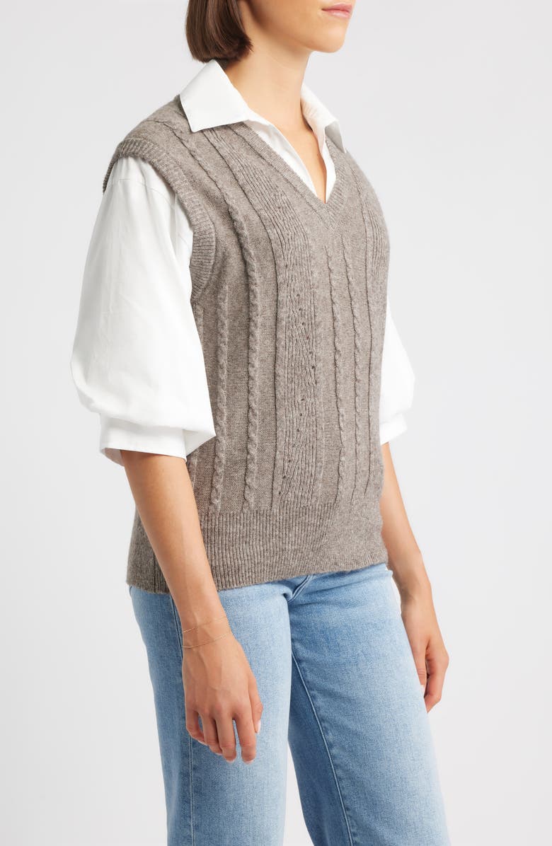 Wit & Wisdom Mixed Media Elbow Sleeve Shirt & Sweater Vest, Alternate, color, Heather Mocha/ Off White