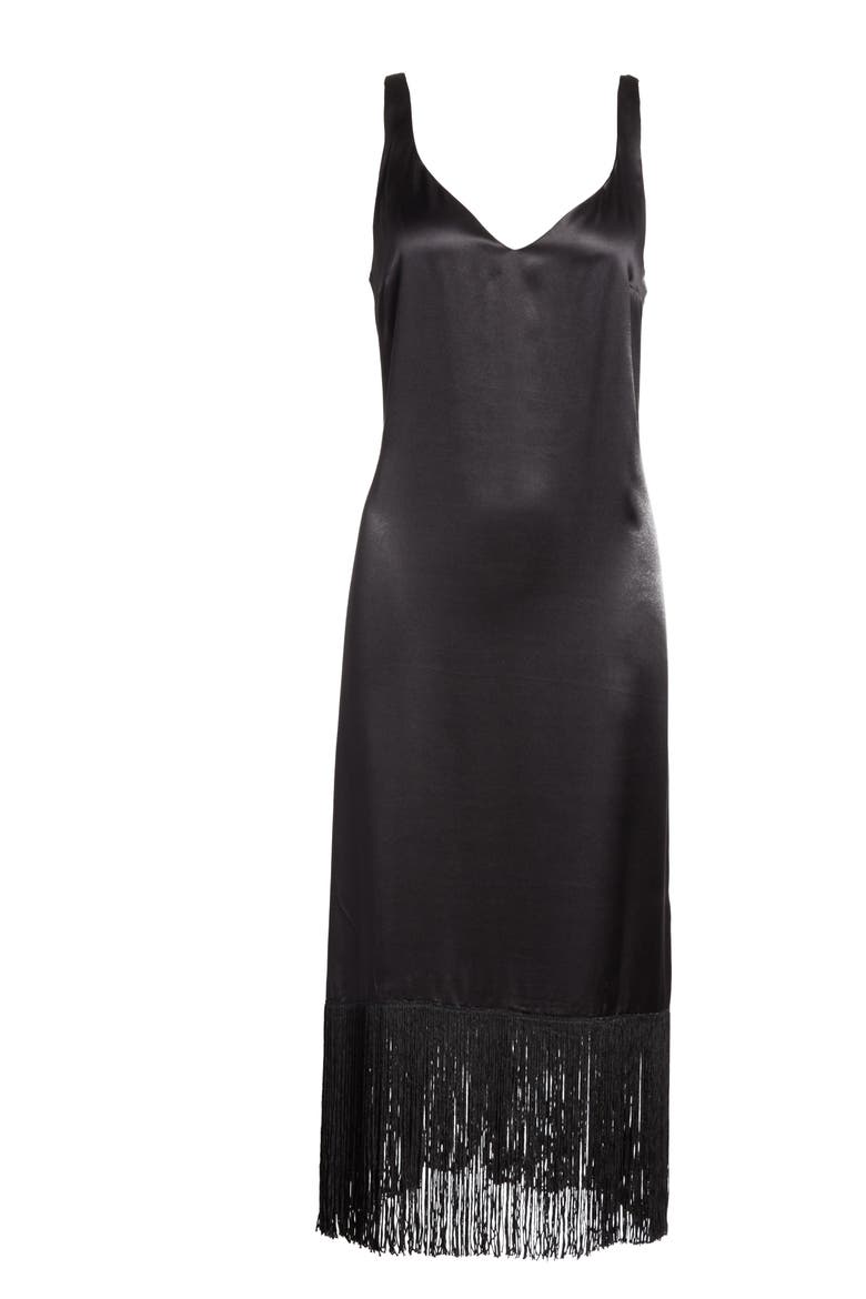 Fringe Silk Midi Dress, Alternate, color, BLACK